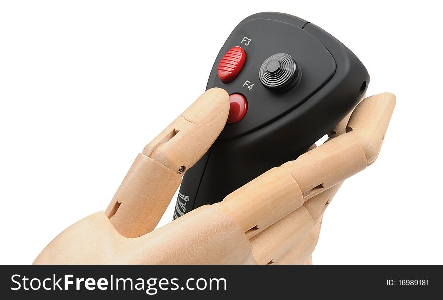 Wooden artificial hand joystick controls with a red button