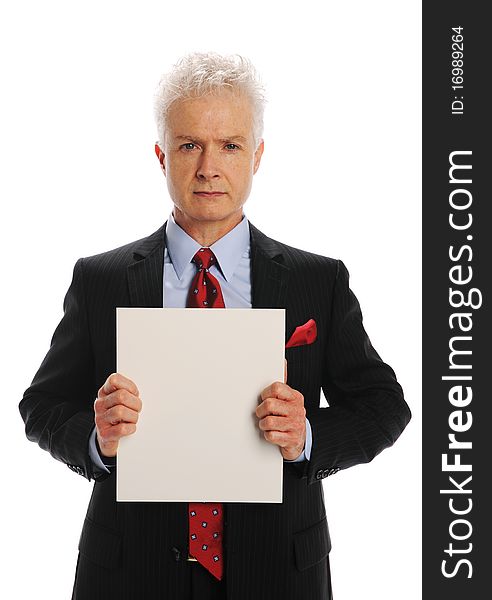 Bisinessman holding a white sign isolated on a white background. Bisinessman holding a white sign isolated on a white background