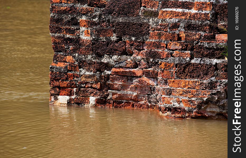 Old brick wall flood in Thailand