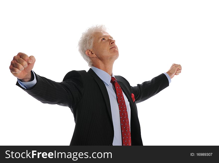 Businessman with arms wide open celebrating isolated on a white background