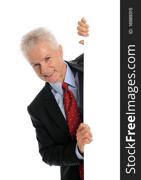 Businessman holding a blank board with space for text isolated on a white background