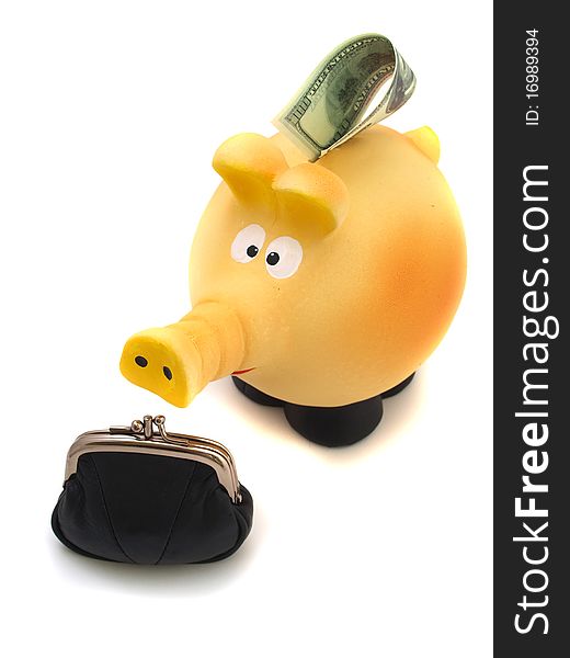 Piggy piggy bank with a black purse
