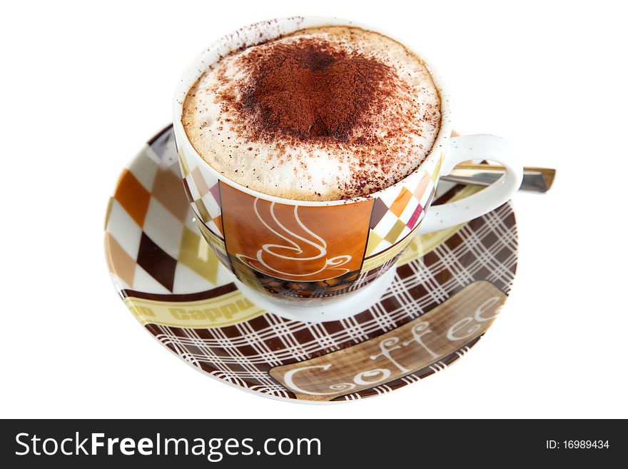 A cup of cappucino with chocolate on a white background.