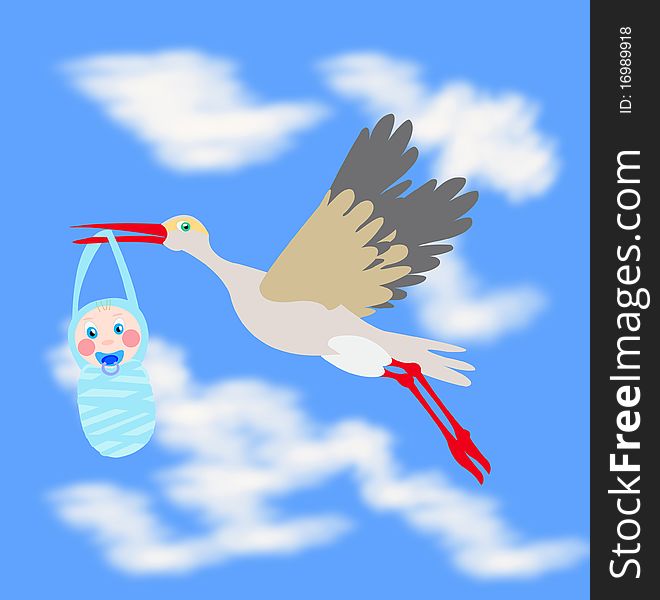 Flying stork with infant in beak. Flying stork with infant in beak