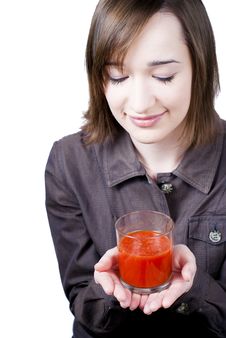 Smiling Girl Holding The Glass Of Tomato Juice Royalty Free Stock Photos Smiling Girl Holding The Glass Of Tomato Juice Royalty Free Stock Photos