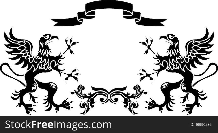 Stencil framework: griffins with a ribbon and a branch. Stencil framework: griffins with a ribbon and a branch