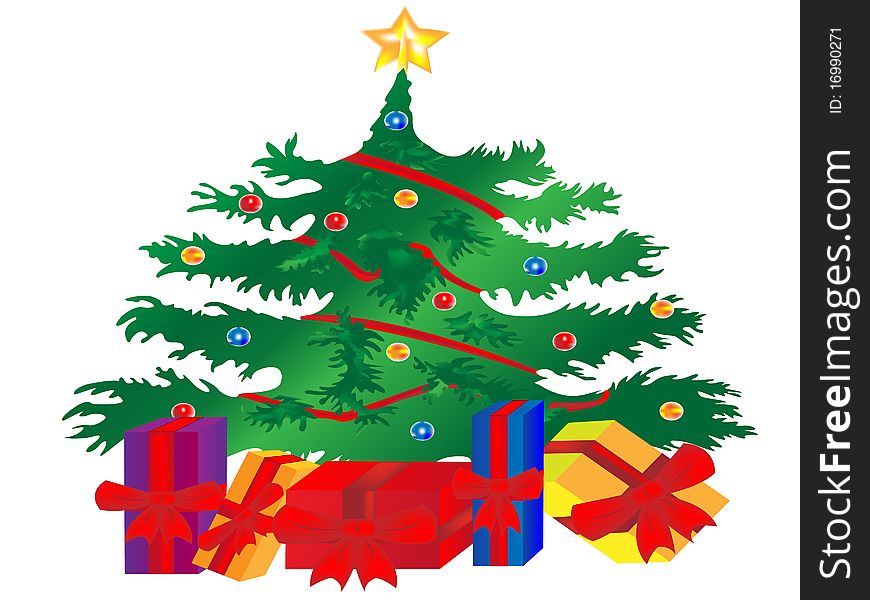 Decorated Christmas tree with presents underneath vector