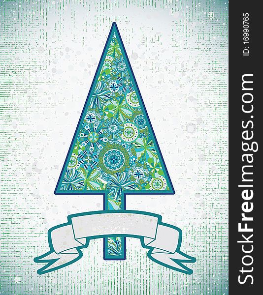 Tree made up of retro flowers on heavily textured background with banner for text. Tree made up of retro flowers on heavily textured background with banner for text.