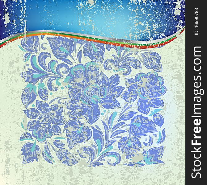 Abstract grunge background with blue floral ornament on green. Abstract grunge background with blue floral ornament on green