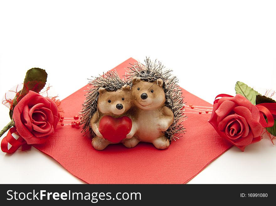 Hedgehog pair with heart and Red Rose on napkin