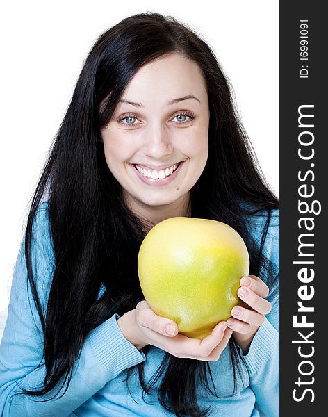 Girl holding yellow pomelo isolated