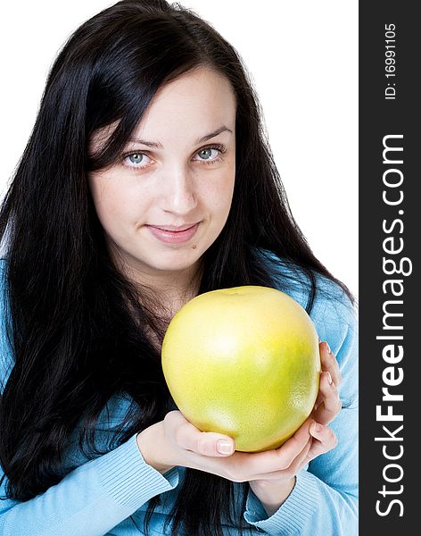Girl holding yellow pomelo isolated