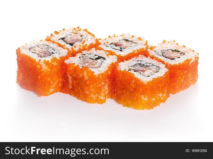 Salmon sushi maki with caviar on white ground. Salmon sushi maki with caviar on white ground