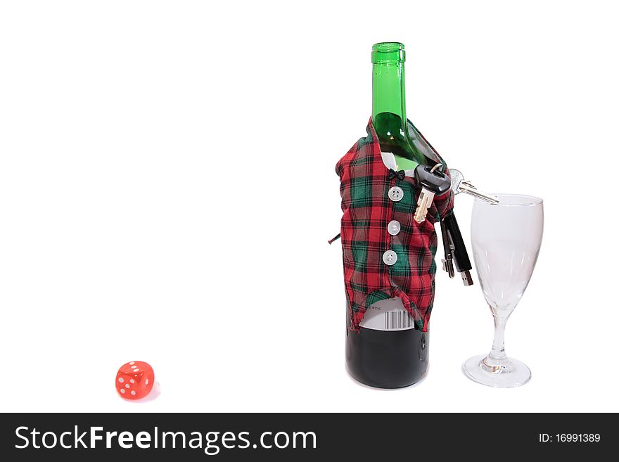 Bottle dressed in jacket warmer with keys as arms on white background depicting drunk driving and addictions can kill. Bottle dressed in jacket warmer with keys as arms on white background depicting drunk driving and addictions can kill