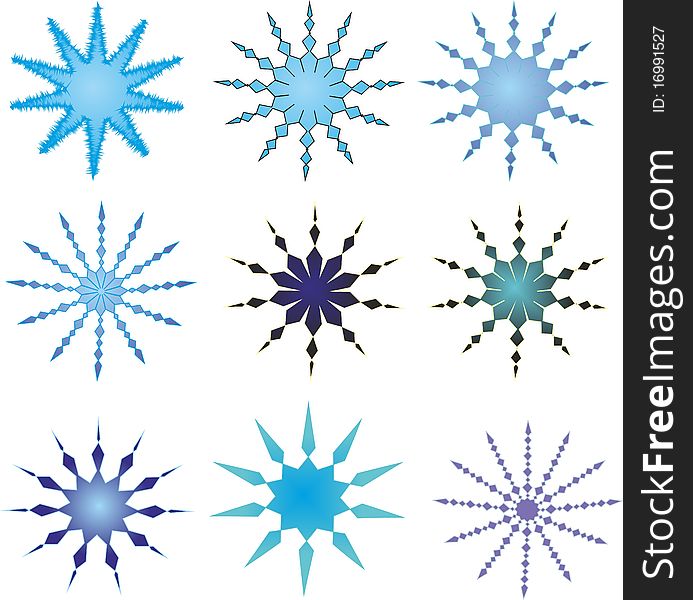 Nine beautiful abstract snowflakes in blue and dark blue tones