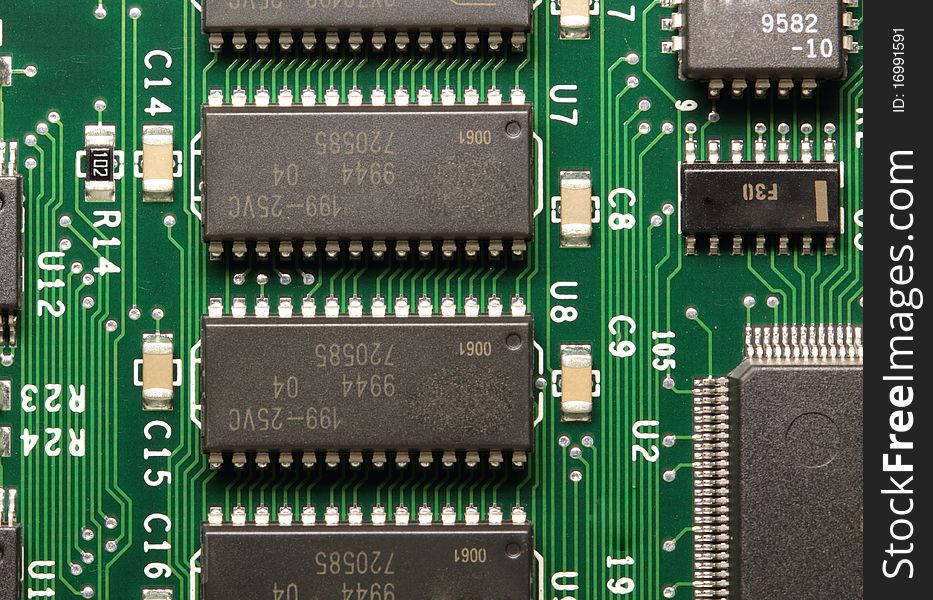 The printed circuit-board with chip and resistors