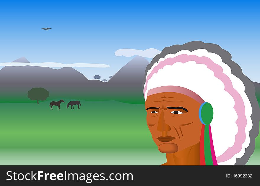 Indian on the background of the North American prairies is shown in the picture. Indian on the background of the North American prairies is shown in the picture