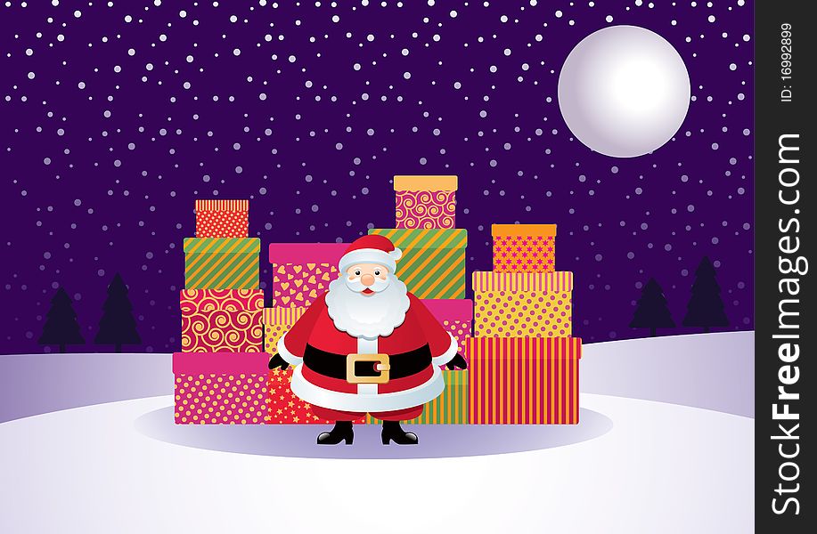 Jolly Santa Claus is surrounded by gifts to the background of a winter landscape. Jolly Santa Claus is surrounded by gifts to the background of a winter landscape.