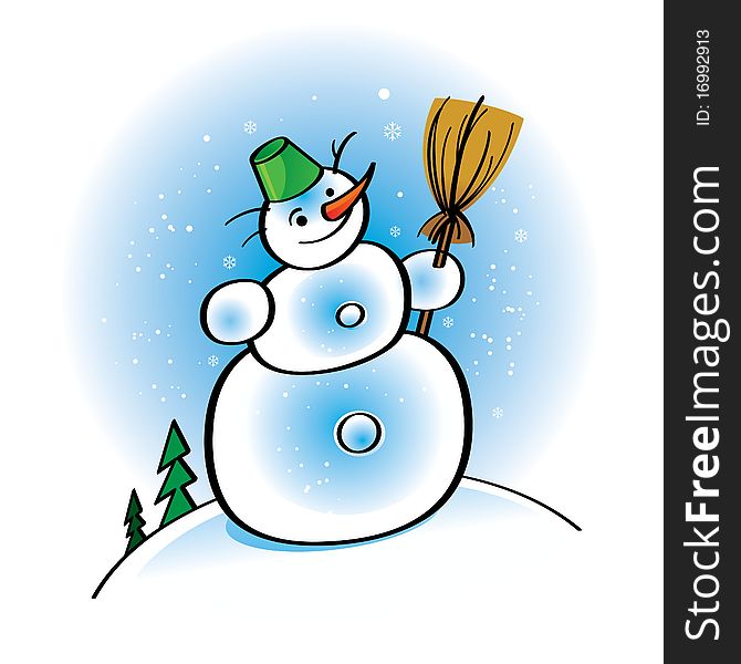 Funny cartoon Snowman with broom and bucket