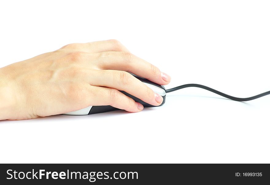 Hand with a computer mouse isolated on white