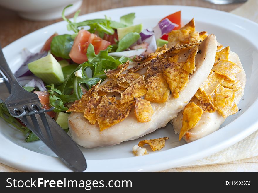 Spice-crunch chicken breast with side salad. Spice-crunch chicken breast with side salad