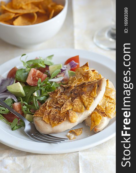 Spice-crunch chicken breast with side salad. Spice-crunch chicken breast with side salad