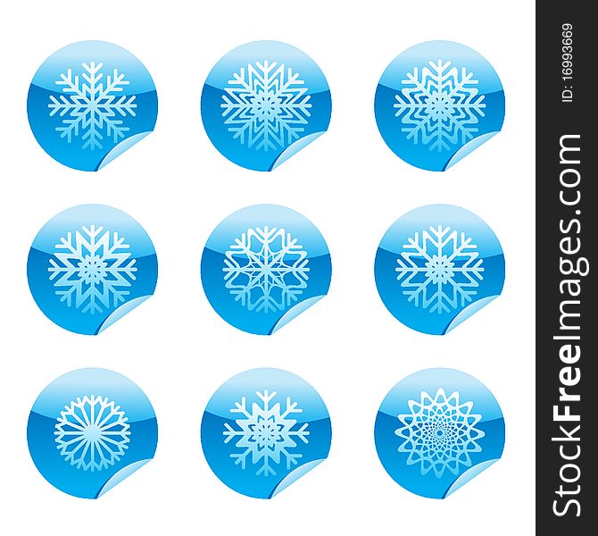 Snowflakes set of circle glossy stickers with corner.