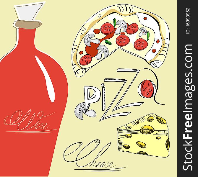 Pizza, cheese and wine. Universal template for greeting card, web page, background