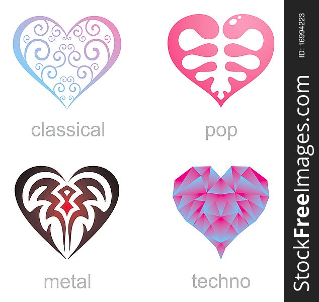 Four icons hearts of different musical styles. Four icons hearts of different musical styles
