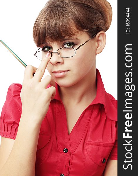 Young woman repairs glasses/the secretary