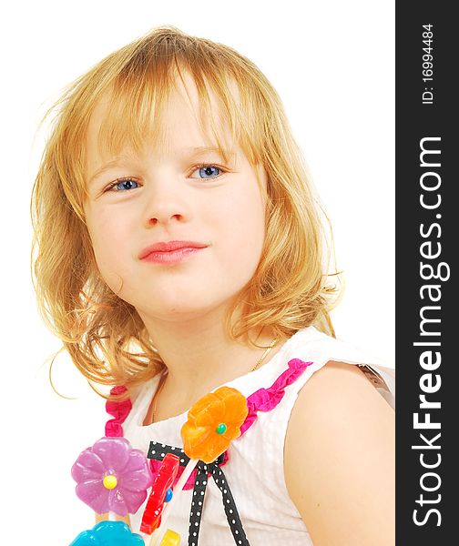 Portrait of little girl with lollipops isolated on the white background. Portrait of little girl with lollipops isolated on the white background.