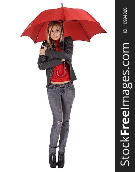 Happy smiling woman under her red umbrella. Happy smiling woman under her red umbrella