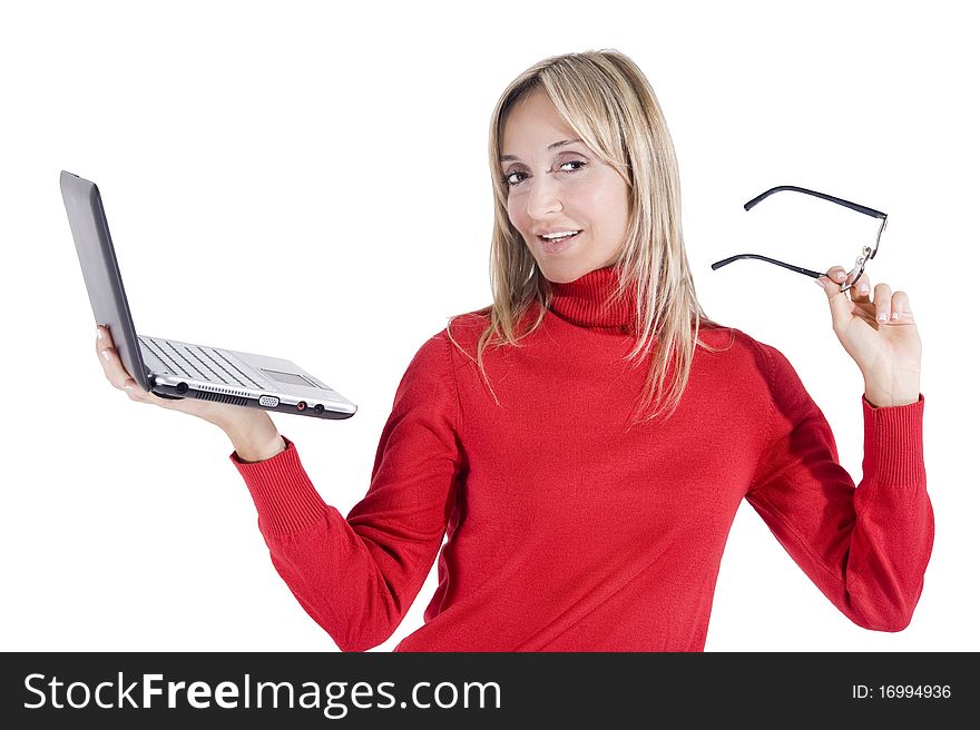 Happy working woman with her laptop and glasses