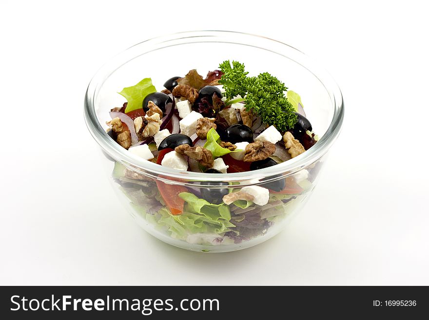 Vegetable salad with cheese on white background, isolate