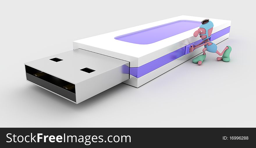 3d man pushing a usb drive. 3d man pushing a usb drive