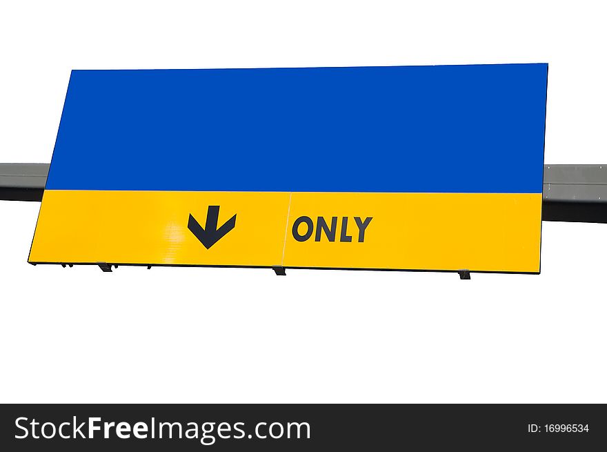 Blank blue traffic billboard with yellow strip and only isolated on white