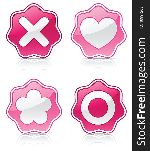 Symbols representing love placed on glossy, pink seals, reflected on white. Symbols representing love placed on glossy, pink seals, reflected on white