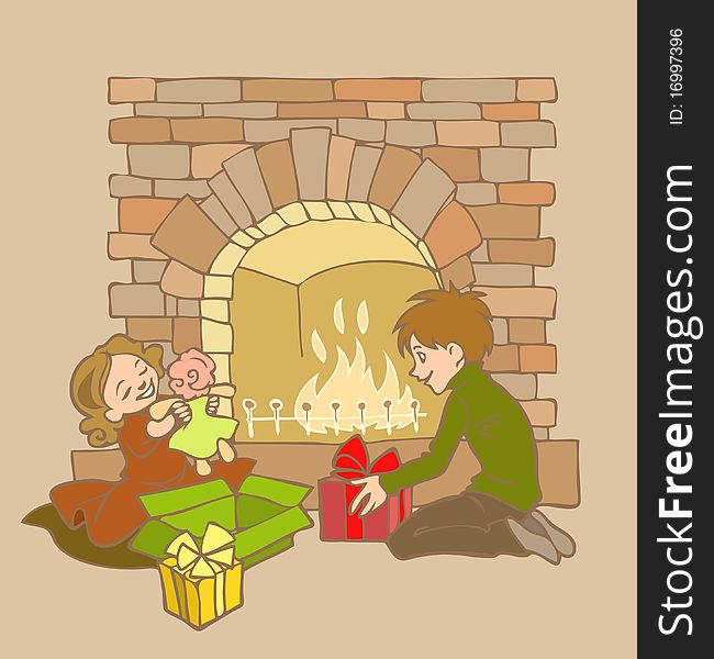 Illustration of childrern sitting by the fireplace and checking boxes with presents