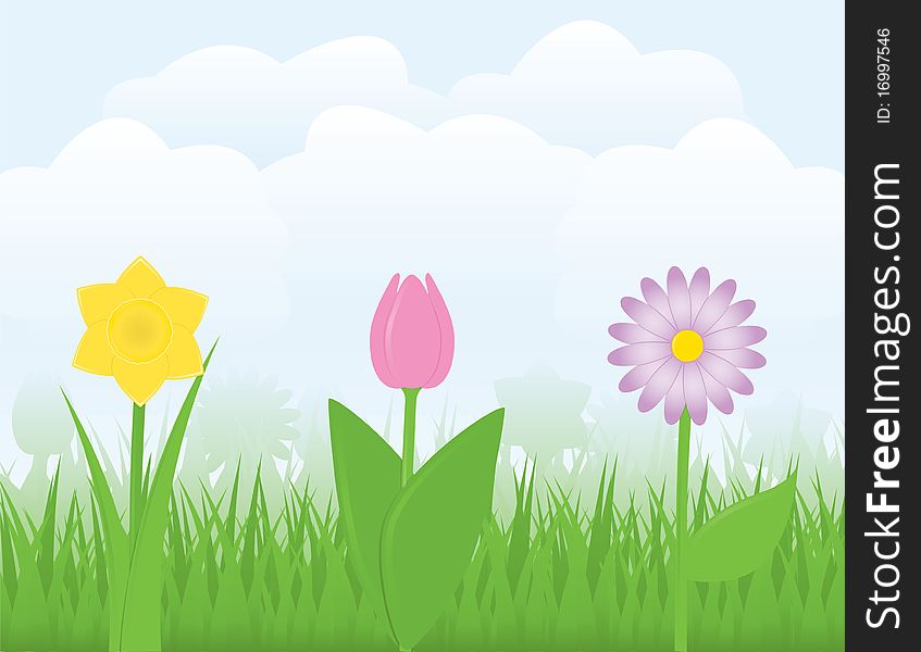 Three flowers in a springtime scene, surrounded by grass and clouds in a blue sky