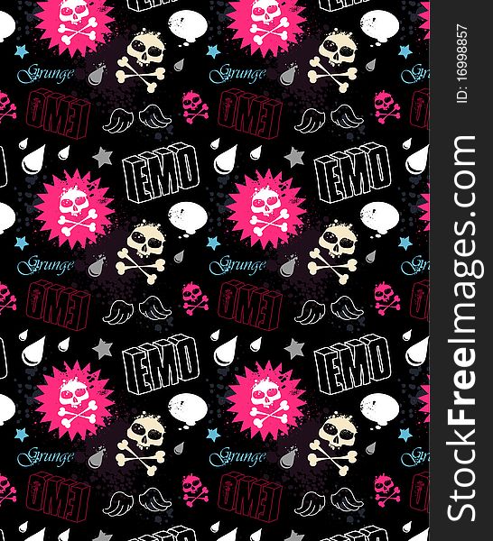 Modern seamless texture with skulls. Cool emo style. Vector EPS 10 illustration.