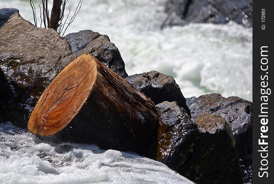 Log stuck in the rocks beyond rapids