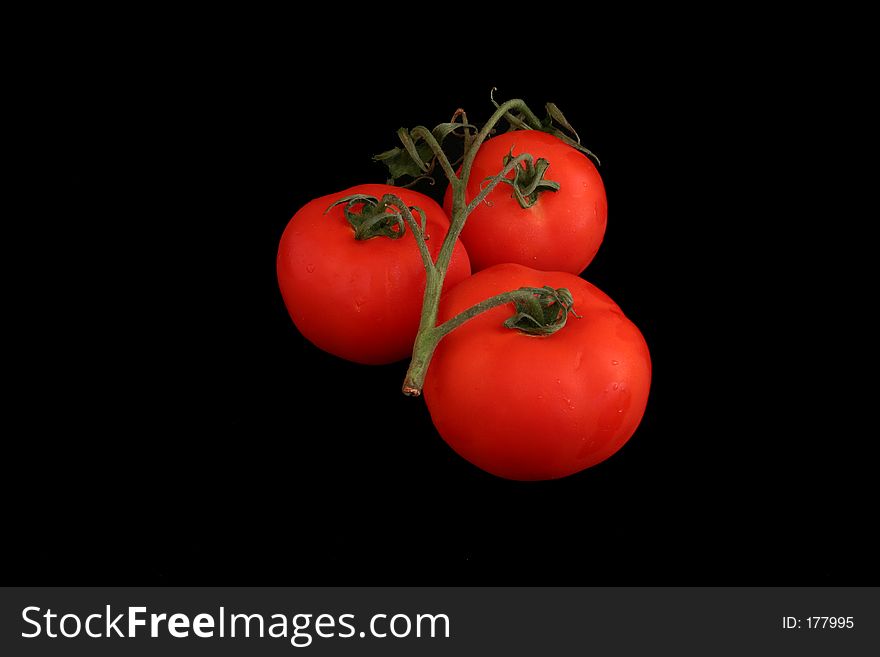 Three tomatoes on black background