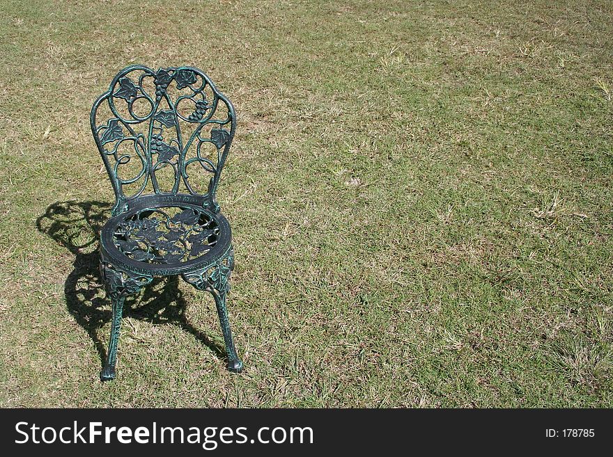 Metal chair on green lawn