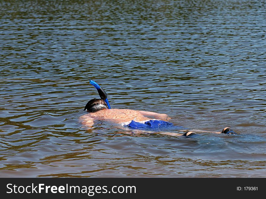 A young boy, cooling off and snorkeling in a lake. A young boy, cooling off and snorkeling in a lake