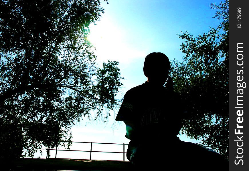 A teenage boy sits and is darkened by the sunlight. the background is of trees also blacked out except for the tips where the sun hits them, there they are green. the sky is a beautiful clear blue. A teenage boy sits and is darkened by the sunlight. the background is of trees also blacked out except for the tips where the sun hits them, there they are green. the sky is a beautiful clear blue.