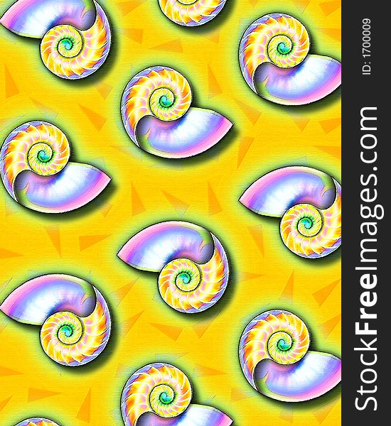 A rough pastel HAND-DRAWN illustration of colorful nautilus shells in a pattern - perfect for a background or wrapping paper or a greeting card. A rough pastel HAND-DRAWN illustration of colorful nautilus shells in a pattern - perfect for a background or wrapping paper or a greeting card