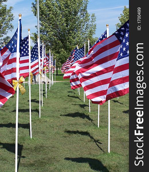 A line of American flags at a 9/11 memorial.