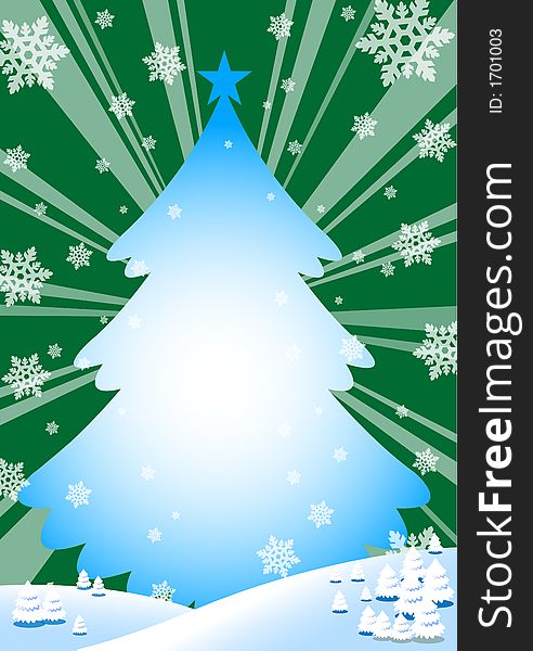 Snowflakes and tree green background. Snowflakes and tree green background