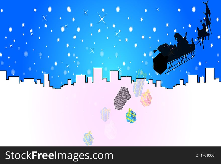 Santa give gift in Snowflakes and city background. Santa give gift in Snowflakes and city background