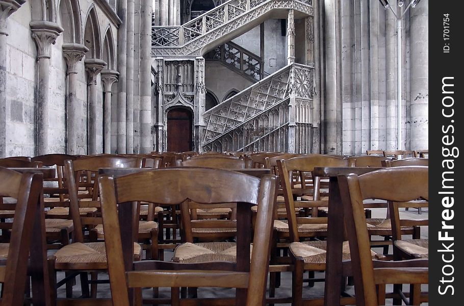 The interior of a church in Normandy and seats ready to be occupied. The interior of a church in Normandy and seats ready to be occupied